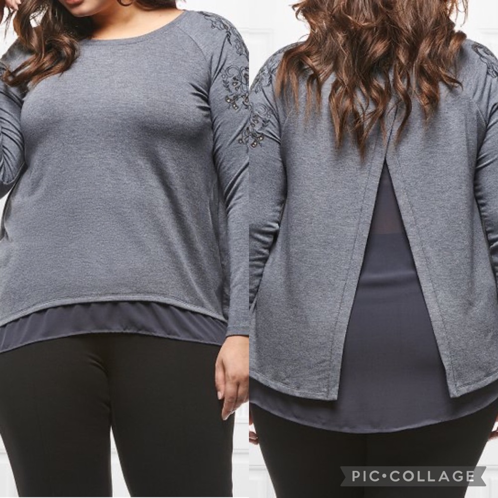 Torrid Gray Mix Embroidered-Sleeve Chiffon Layered Top